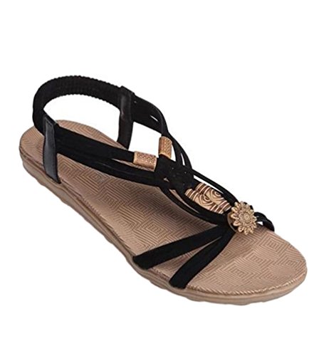 YOUJIA Mujeres Casual Peep-Toe Zapatos Planos Romanos Slingback Chanclas Sandalias de Verano, Negro, 39/39.5 EU