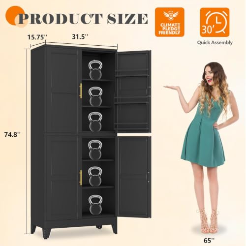 Image of GAIOUS 74.8 inch Tall Metal Food Cabinet, Black Kitchen Pantry Cabinet Cupboard | Food Storage, Kitchen Organizer, Storage Cabinet with 4 Door and 4 Adjustable Shelves, Steel Freestanding, for Dining Living