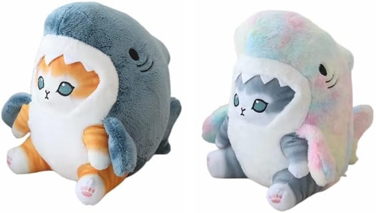 Miniatura 2 de Peluche de gato de tiburón de 8 pulgadas, muñeco de peluche de gato de camarón frito, regalo para niños (azul dorado + gris colorido)