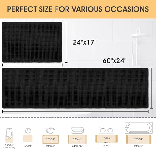 IM HOME Waffle Bath Mat Set 2 Piece Black,Woven Modern Bath Rug Mats, Absorbent Non Slip Bath Floor Mat, Soft Washable Boho Bath Rugs with Tassels for Bathroom, Bedroom, Kitchen,Tub by IM HOME - Image 2