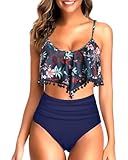 Tempt Me Women Navy Blue Floral Two Piece High Waisted Bikini Set Ruffle Swimsuit Flounce Pom Pom Trim Bathing Suit M