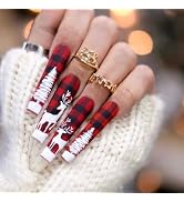 Christmas Press on Nails Long Coffin Fake Nails Red False Nails With Xmas Tree Elk Designs Glu on...