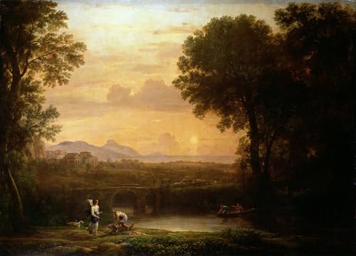 Cuadro de lienzo de paisaje al anochecer pintura mural Claude Lorrain decoracion de hogar 60x90
