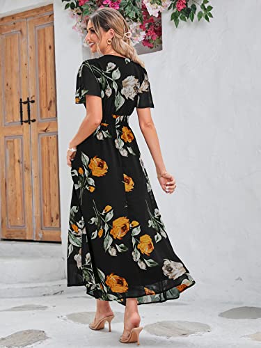Image of Simplee Women's Boho Floral Maxi Dress Flowy Casual V Neck Short Sleeve Wedding Guest Holiday Beach Long Dress