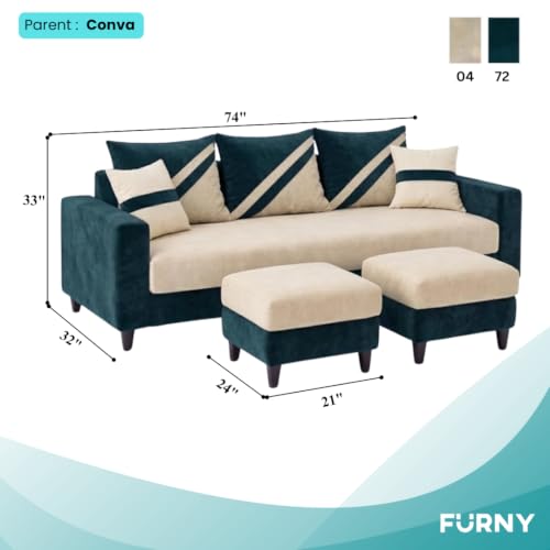 Image of SLEEPIFY Covelle 3 Seater Sofa Set with 2 Ottoman (Green Teal - Cream) | Premium Soft Velvet | Plush Comfort Cushions | Modern Living Room Sofa | Spacious Comfortable Seating