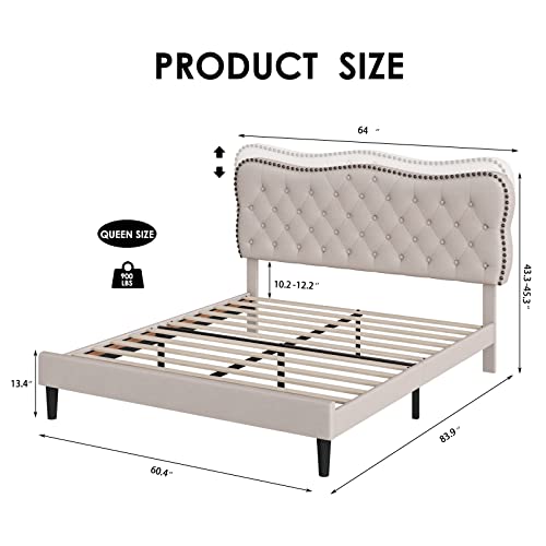 Hostack Queen Size Bed Frame, Linen Fabric Upholstered Platform Bed Frame With Adjustable Headboard, Diamond Tufted Mattress Foundation With Wood Slats, Easy Assembly, No Box Spring Needed, Beige #TOP1