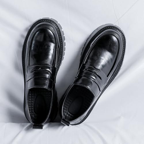Men's Soft Leather Slip-On Platform Penny Loafers Comfortable Round Toe Lug Sole Chunky Heel Dress Shoes Fashion Retro Business Work Shoes4
