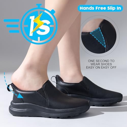 ZOVE Wide Toe Box Shoes Women Wide Width Waterproof Leather Hands Free Nursing Sneakers Ultra Light Extra Wide Walking Sneakers Non-Slip Chef Diabetes Nurse Work Shoes 8816 Full Black 43 - 3
