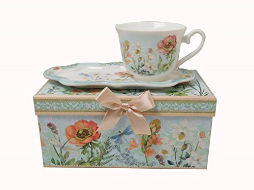 Lightahead® New Bone China Unique Tea Coffee Cup 10 Oz And Snack Saucer Set In A Reusable Handmade Gift Box With Ribbon Elegant Floral Design In Attractive Gift Box #TOP21