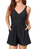 Smismivo Swim Rompers for Women Tummy Control Swimsuits with Shorts Modest One Piece Slimming Long Torso Bathing Suits Built in Bra and Pockets Full Coverage Swim Dress Swimwear 2025 Black