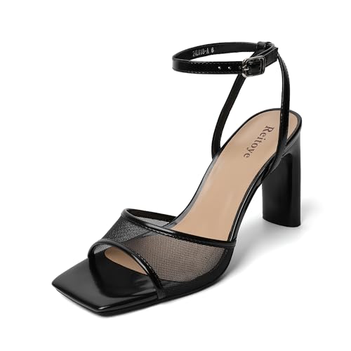 Reitoye Womens Heels Square Open Toe Chunky High Heels Strappy Ankle Strap Heeled Sandals for Women Dress Party Wedding