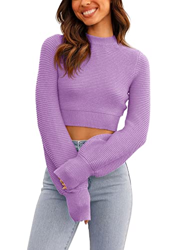 Image of Womens Sexy Crew Neck Cropped Sweaters Knit Long Sleeve Crop Tops Pullover | Ribbed Knit, Long Sleeve, Crop Tops, Pullover,Crew Neck