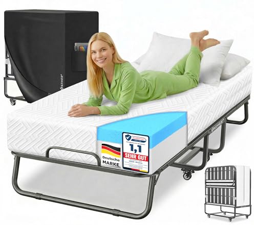 KESSER® Cama Plegable de 200 x 90 cm para Invitados, Incluye colchón de Espuma viscoelástica y Ruedas, Cama de Viaje Plegable con Marco de Metal para Adultos, soporta hasta 250 kg, Cama de Metal con