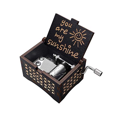 Jieddey Caja de Música Eres mi Sol,Caja Música Mecánica de Madera Crank Music Boxes con Manivela Vintage Caja Musical con Grabado de Sol Regalo para cumpleaños,Navidad Negro