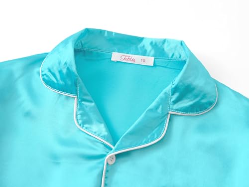 Tebbis Satin Pajamas for Girls - Neon Pink Cute Silky Short Sleeves & Pants Sleepwear PJ Set Size 6/7-162