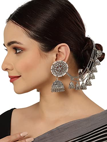 Image of Karatcart Oxidised Silver Floral Kundan Kaanchain Jhumki Earrings For womens