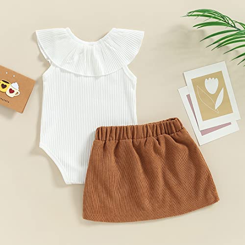 Yccutest Infant Baby Girls Skirts Summer Outfits Sleeveless Ruffle Ribbed Crewneck Romper + Corduroy Skirt Set 3-24M (White&Brown,18-24 Months) #TOP6
