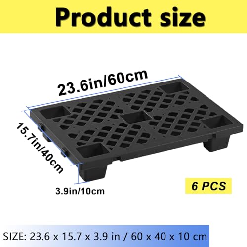 Jeracino Plastic Pallet, Plastic Storage Pallet With Interlocking Design, Plastic Floor Pallet, 23.6 x 15.7 x 3.9\" 6-Pack, Plastic Pallet Platform With Waterproof Grids, Plastic Shipping Pallet, Black