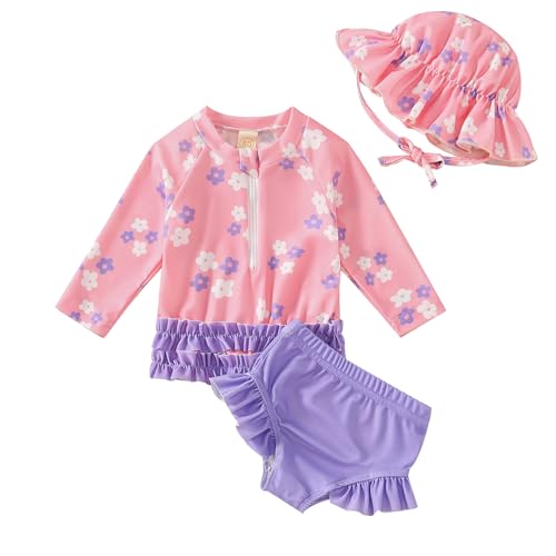 Toddler Girls Swimsuit with Hat Ruffle Stripe Swimwear Summer Beach Bathing Suit 6M-4T