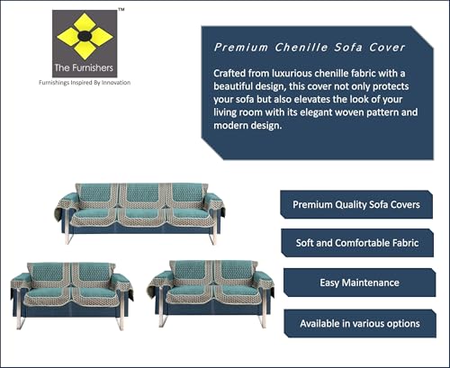 Image of Premium Chenille Woven Anti-Slip 7 Seater Sofa Cover with Armt Rest | L-Shape Sofa Seat Protector for Living Room | Durable & Stylish Slipcover - Turquoise - 3D