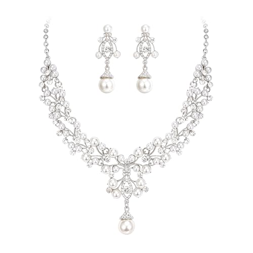 EVER FAITH Flower White Simulated Pearl Wedding Jewelry Set Clear
