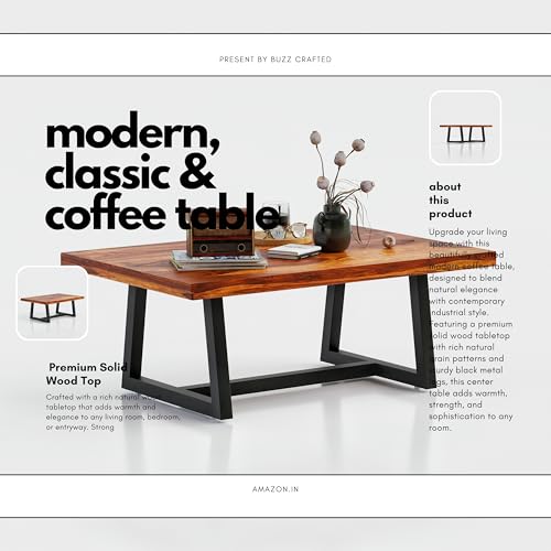 Image of Modern Coffee Table with Open Storage Shelf - Minimalist Rectangular Center Table With Black metal fram for Living Room, Office, and Lounge - Durable Engineered Wood, Easy Assemblyr (Black & Brown)