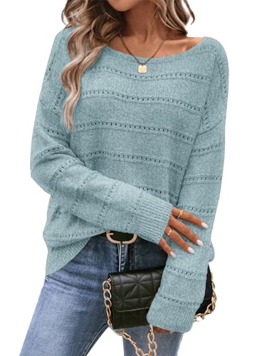 Image of Women's Sweater Soft Boat Neck Long Sleeve Oversized Sweaters Crochet Pullover Knit Tops