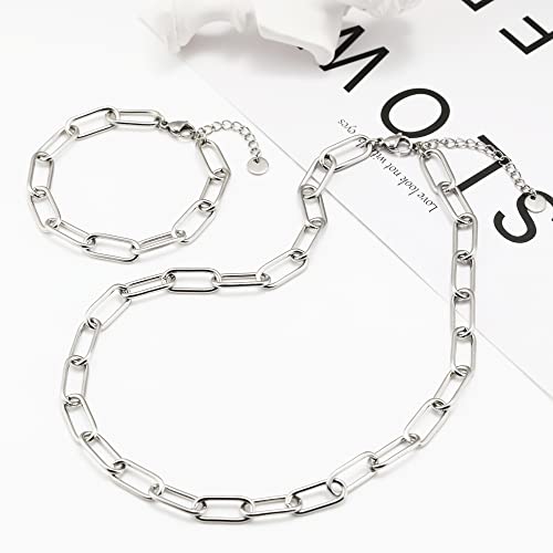 Miss Right Paperclip Chain Choker Necklace And Bracelet For Women Trendy Men Girls, Dainty Stainless Steel Paper Clip Cuban Link Necklaces Jewelry Set (16'' Silver Necklace + 7" Bracelet) #TOP4