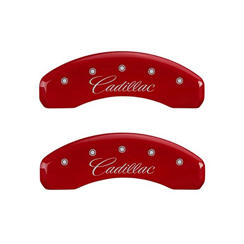 Image of MGP Brake Caliper Covers Compatible with 2014-2019 Cadillac CTS (Requires 18 inch+ Wheels) Powder-Coated Finish, 4 PCS Front and Rear - Red, Cadillac (Cursive)