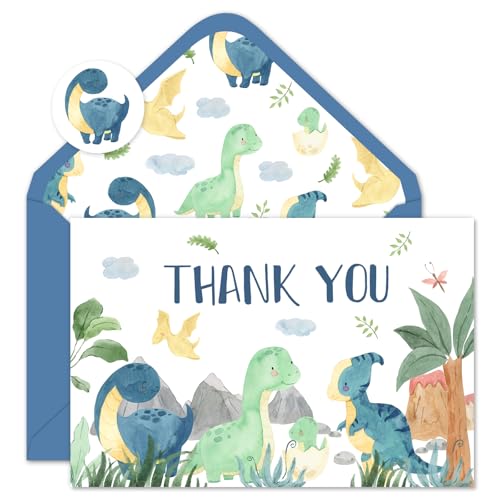 Cartes de remerciement dinosaure Whaline avec enveloppes et autocollants pour anniversaire
