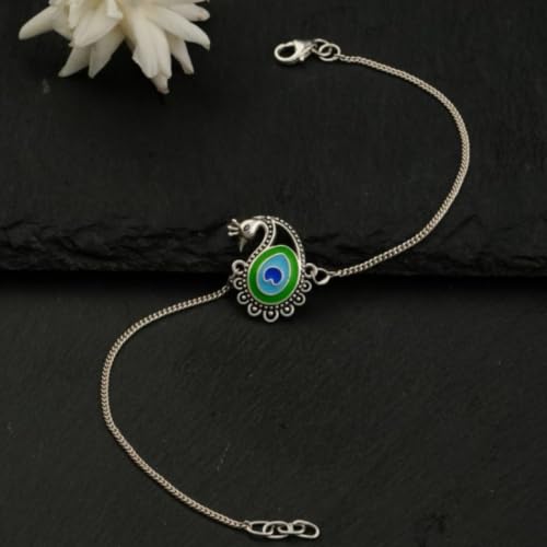 Image of Meenakari Heriatge Jewellery 925 Sterling Silver Morpankh (Peacock feather) Radha Krishna Rakhi Set For Men /Boys /women /Unisex With Roli Chawal, Rakshabandhan greeting Card and Authenticity certificate