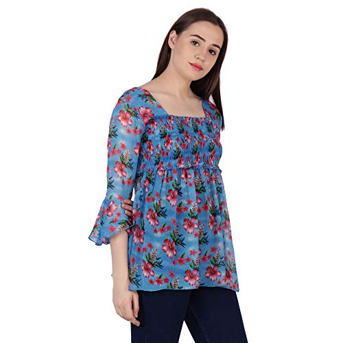 Image of POPWINGS Printed Chiffon Peplum Tops for Women || 3 /4th Sleeves Square Neck Women Tops for Summer || Stylish Western Smocking Women Tops