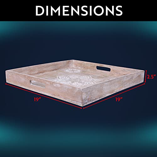 Mela Artisans Tv Ottoman Wooden Serving Tray - Whitewash | Decorative Mango Wood | Rustic Farmhouse Decor | Use To Serve Breakfast In Bed | Transports Food, Coffee And Tea | 19" X 19” X 2.5” #TOP7