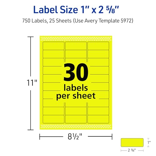 Image of Avery Printable Address Labels, Sure Feed Technology, 1 inch x 2-5 /8 inch, Neon Yellow, Laser & Inkjet Compatible, 750 Blank Labels Total, Great for Branding, Mailing, Organizing, and More (5972)