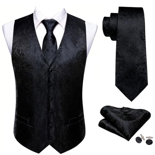Men's Paisley Silk Waistcoat Tie Hanky Cufflinks Set Textured Sleeveless Vest for Business Wedding