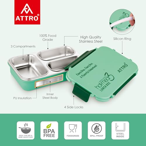 Image of ATTRO Hot-Meal 3 Insulated Lunch Box with 3 Compartment, Inner Stainless Steel & Locking Lid BPA-Free Food Grade Ideal for School, Office - 900ml Green