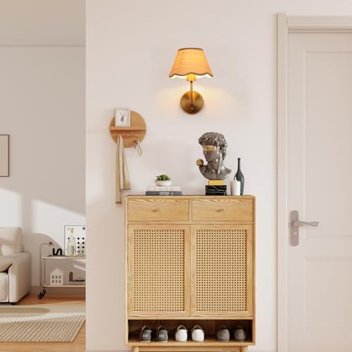 Image of Rattan Wall Sconce, Boho Hand-Woven Gold Wall Light, Set of 2