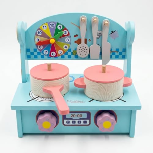 Image of Cute & Stylish Real Wooden Pretend Play Kitchen Set for Kids with Cooking Accessories Montessori Educational Toy Kitchen Playset for Boys Girls and Toddlers