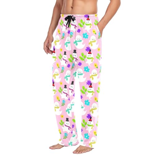 Snowman Floral Pattern Men's Cotton Pajama Pants with Pockets and Drawstring Comfortable and Stylish,S4