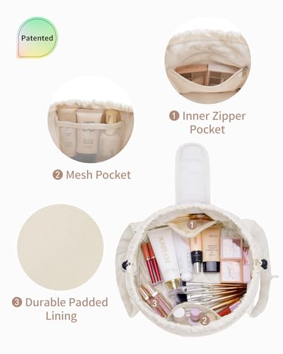 Narwey Barrel Drawstring Makeup Bag, Large Quilted Puffer Cosmetic Bag, Puffy Make Up Bags, Travel Toiletry Bags for Traveling Women Toiletries Organizer, Gift for Teen Girls (Beige) (Patent)3