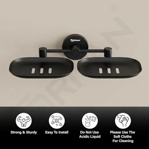 Image of GRIVAN Stainless Steel Dual Soap Holder | Round Shape Soap Stand for Bathroom | Wall Mounted Corrosion-Free Black Matte Soap Dish