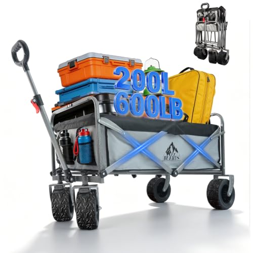 Collapsible Wagon - 600LBS Heavy-Duty Large Capacity Foldable Utility Cart, Oversized All-Terrain Wheels, 3-Second Quick Fold Beach Wagon for Camping, Gardening, Beach & Backcountry Trip