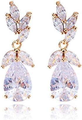 Women's Cubic Zirconia Bridal Earring - Elegant Gold Plated Teardrop Cluster Floral Leaf CZ Crystal Rhinestone Wedding Earring for Bride