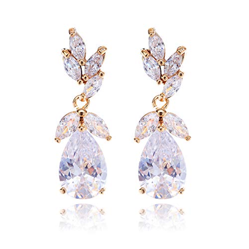 Women's Cubic Zirconia Bridal Earring - Elegant Gold Plated Teardrop Cluster Floral Leaf Cz Crystal Rhinestone Wedding Earring For Bride #TOP2