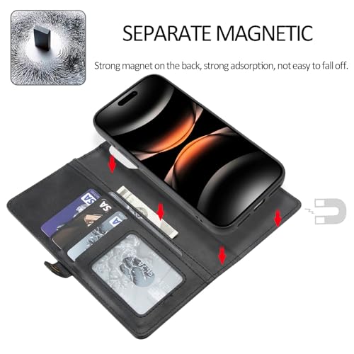 Étui en cuir pour iPhone 17 Pro de haute qualité avec coque magnétique détachable noire