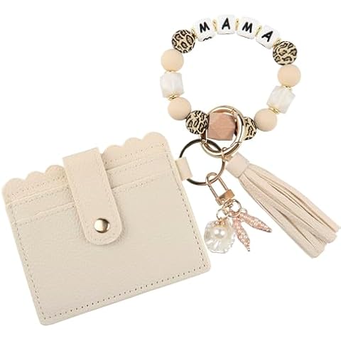 Guran Wristlet Wallet Bracelet Keychain,Card Holder Purse Tassel Keychain Bangle Key Ring for Women (Leopard & White) Cover