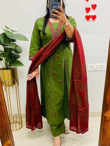 Image of ANNI Designer Navy Blue Pure Cotton A-Line Kurta Pant Dupatta Set for Women | Embroidery 3 Piece Suit with Straight Pants & Matching Dupatta | Festive Office Ethnic Wear