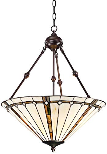 Robert Louis Tiffany Bronze Tiffany Style Pendant Chandelier 20" Wide Gold Texture Ivory Stained Glass 3-Light Fixture For Dining Room House Foyer Entryway Kitchen Bedroom Living Room High Ceilings #TOP5