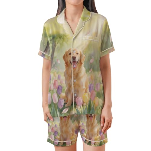 Ninety3POD Hello Spring Golden Retriever Floral Flower Sunny Day Satin