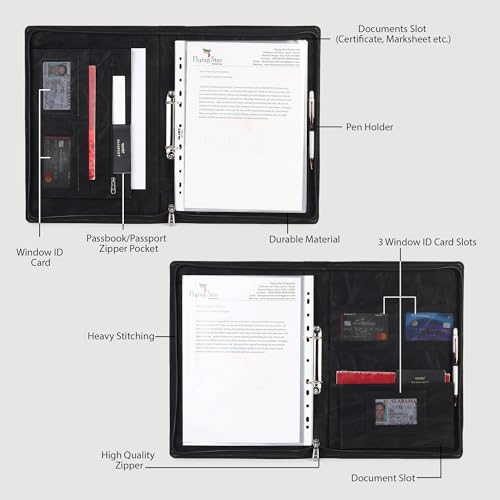 Image of Multipurpose Leatherette Professional File Folder for Certificates & Documents | A4 Size Document Holder, Portfolio Organizer for Men & Women (Black, 15 Leafs)